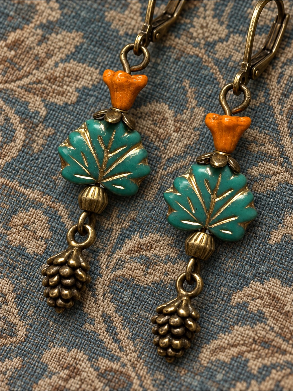 Czech Glass Teal Leaf Orange Flower Pinecone Earrings Antique Bronze